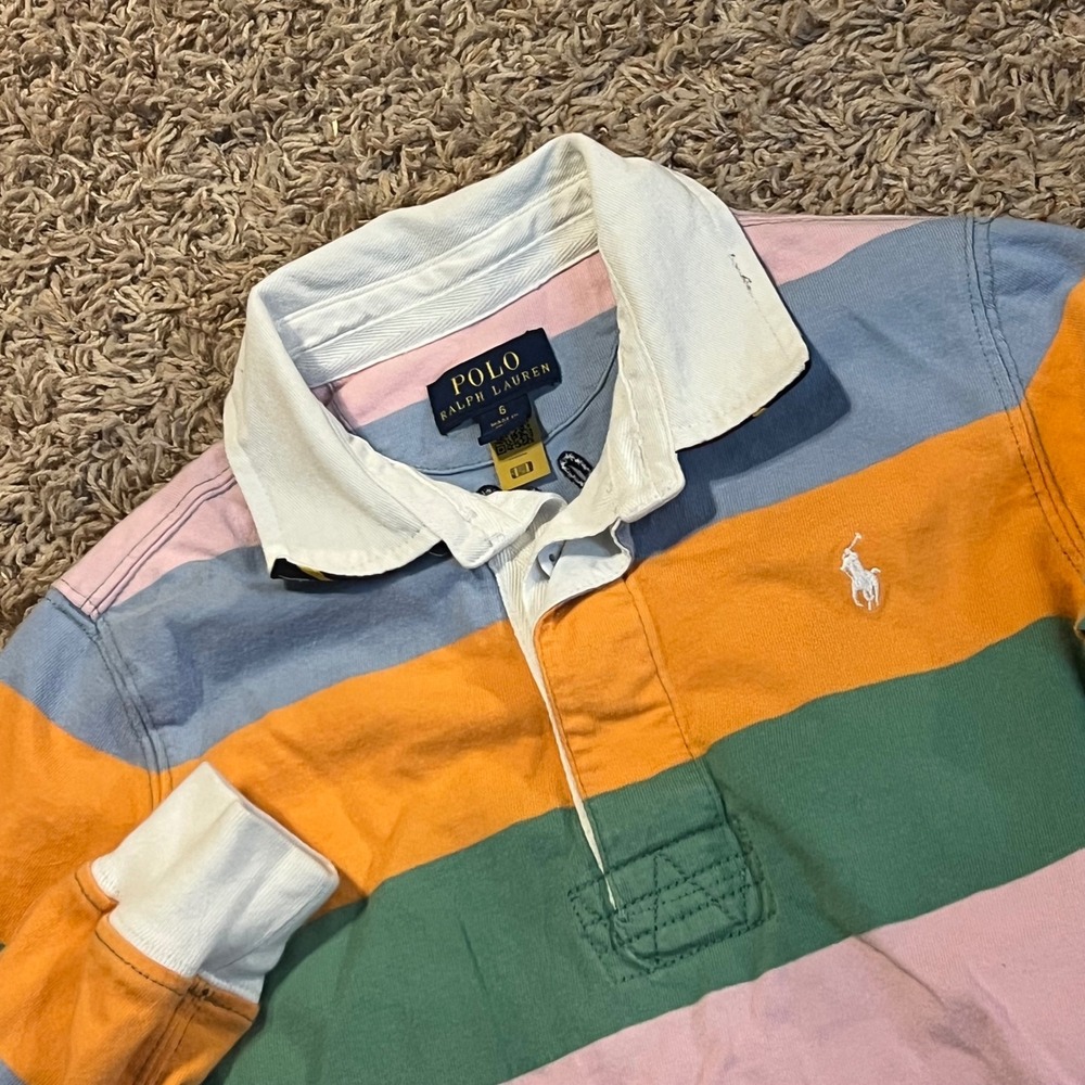 Polo Ralph Lauren Girls Size 6 Rugby Shirt Striped Long Sleeve Polo Team 2 Multi